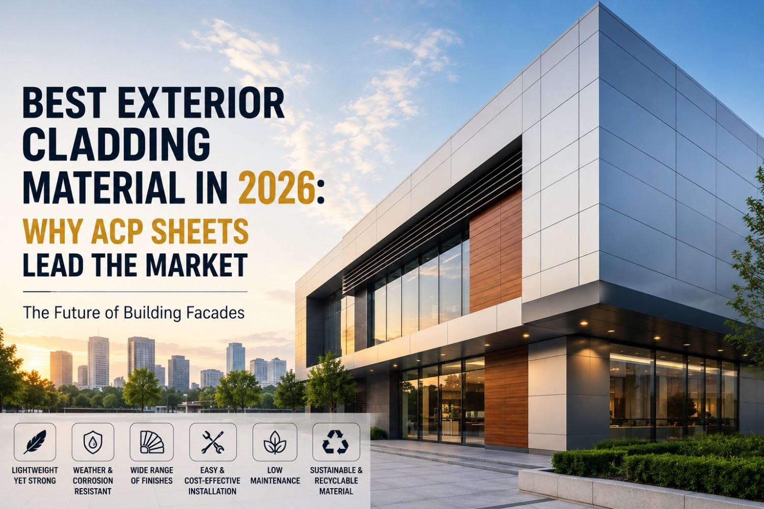Best Exterior Cladding Material in 2026 featuring a modern commercial building with ACP sheets, aluminium composite panel facade, contemporary architecture, and premium exterior cladding design.